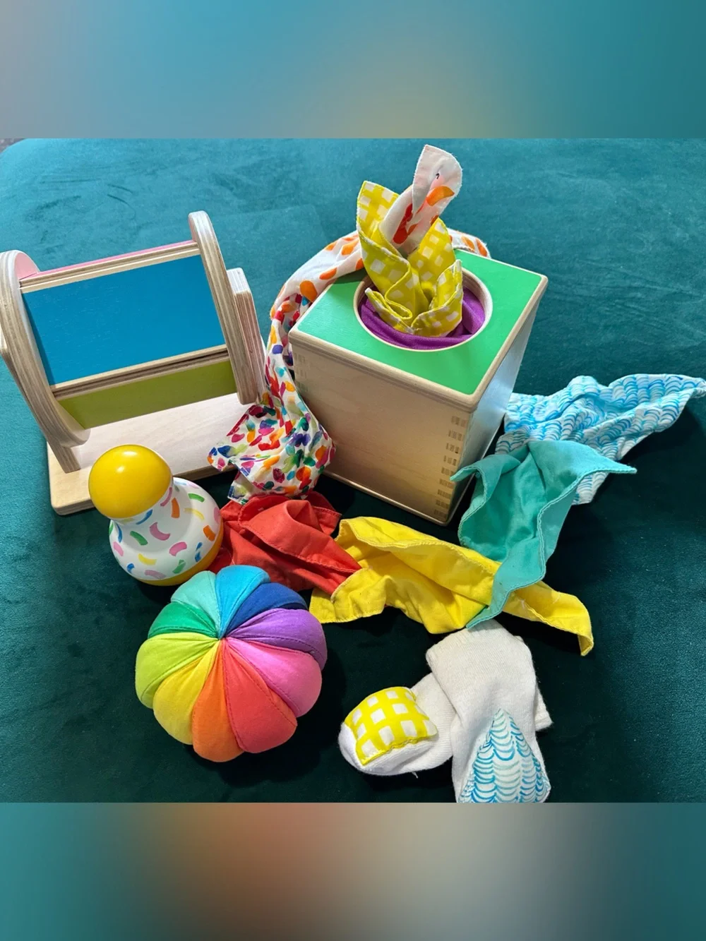 Lovevery Bundle -Rainbow ball Spinner Wobbler Tissue Box Rattle socks Tummy time